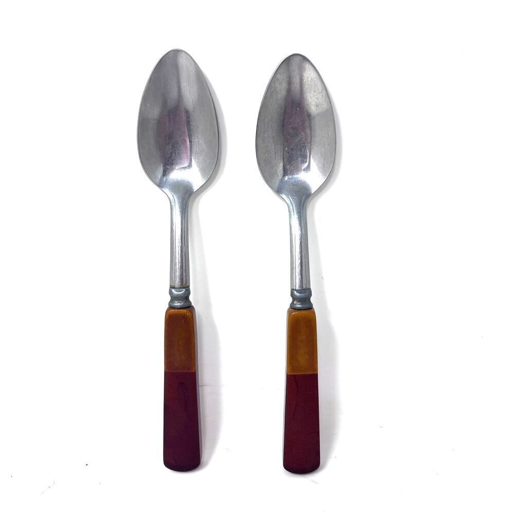 Vintage Bakelite Lucite Spoon Cherry Butterscotch Set of‎ 2 Two Tone MCM